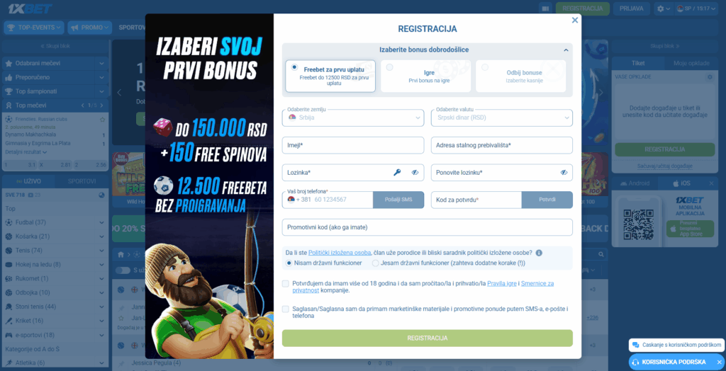 1xBet kazino registracija naloga