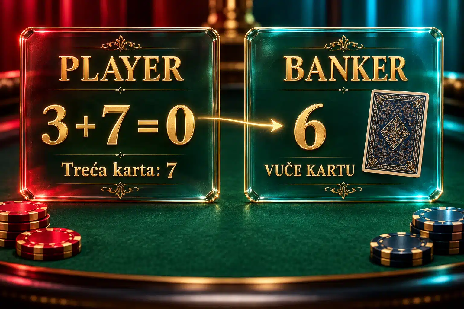 Player sa početna 3 izvlači 7 i završava na 0; Banker sa početnih 6 vuče kartu